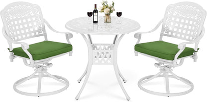 VIVIJASON 3-Piece Patio Bistro Set, Outdoor All-Weather Cast Aluminum Furniture Dining Set, Include 2 Swivel Rocker Chairs and 31" Round Table w/Umbrella Hole for Balcony, Lawn, Garden, White