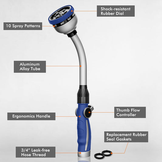 RESTMO Watering Wand Heavy Duty, Metal Garden Hose Wand with 10 Spray Patterns, 15-Inch Long Hose Nozzle Sprayer with Thumb Flow Control, Ideal to Water Hanging Baskets and Shrubs, Blue