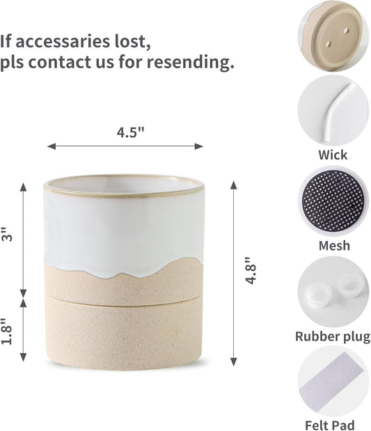 Nihow Self Watering Plant Pot: 4.5 Inch Ceramic Planter with Drainage Hole & Water Storage Plus for Indoor & Outdoor Plants - Cylinder Flower Pot for Herbs/Violets - White & Nature