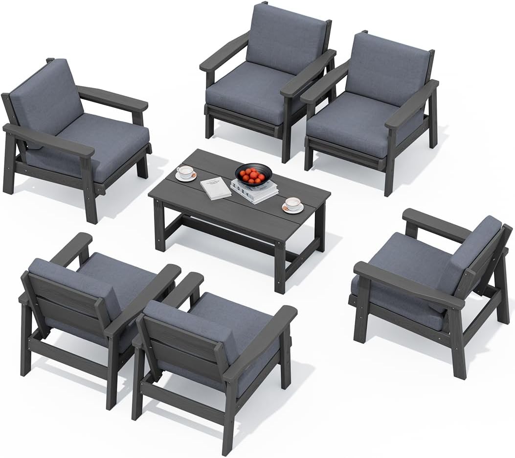 SERWALL HDPE Outdoor Furniture Set, 7 Piece All Weather Wood-Like Outdoor Sofa Sectional Couch, Grey Patio Furniture Set with Grey Cushions