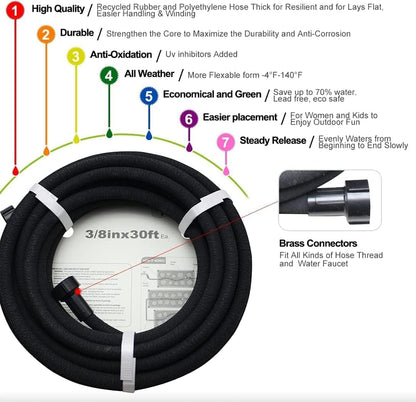 Soaker Hose 50ft - Garden Rubber Soaking Drip Hoses 5/8" Saving 70% Water Garden Hose, Drip Irrigation Round Hose for Lawn Yard, flower beds
