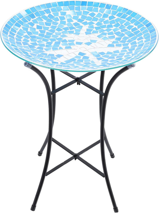 MUMTOP Mosaic Glass Bird Baths, 14 Inch Width Outdoor Garden Dragonfly Bird Bath Bowl with Metal Stand, Unique Glass Birdbaths Bird Feeder for Yard Decor, 19.68 Inch Height