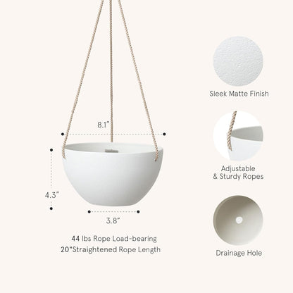 La Jolie Muse White Hanging Planter Basket - 8 Inch Indoor Outdoor Flower Pots, Plant Containers W/ Drainage Hole, Plant Pot for Hanging Plants, Pack 2