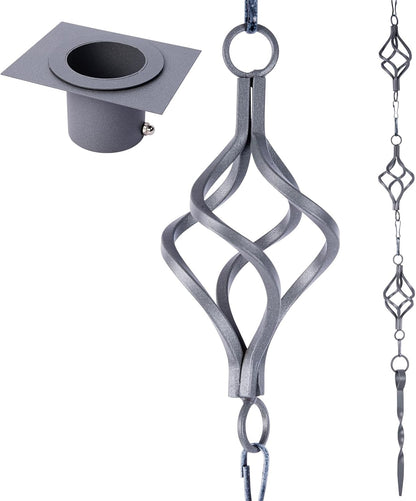 Rain Chain Bird Cage Set 8.5Ft, Wrought Iron Rain Chains for Gutters with Adapter Gotta Drain and Anchoring Stake,13 Birdcage, 1 Hook, Not Rust,Adjustable Length for Garden (Blue Gray)
