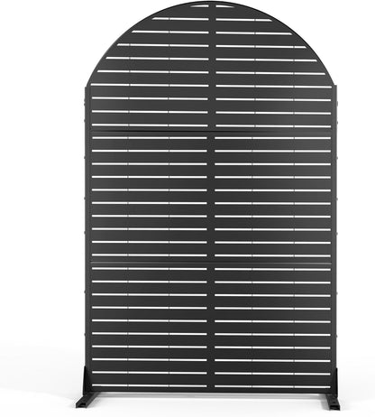 FENCY Metal Privacy Screen with Stand 72" H×47" W Outdoor Freestanding Privacy Panels, Arched Outdoor Privacy Screen for Deck Patio Balcony(Black-Louvered)
