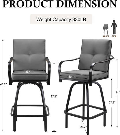 Patio Swivel Bar Stools, Outdoor High Back Swivel Bar Stool Chair Set of 2 with Cushion & All Weather Steel Frame, Dark Gray