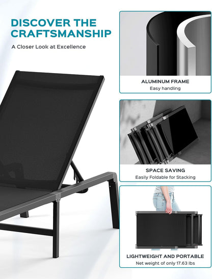 Patio Chaise Lounge Chair, Foldable Lounge Chair for Outside, Aluminum Chairs Set of 2 with 5 Adjustable Backrest, Outdoor Pool Lounger for Poolside, Lawn, Deck, Black