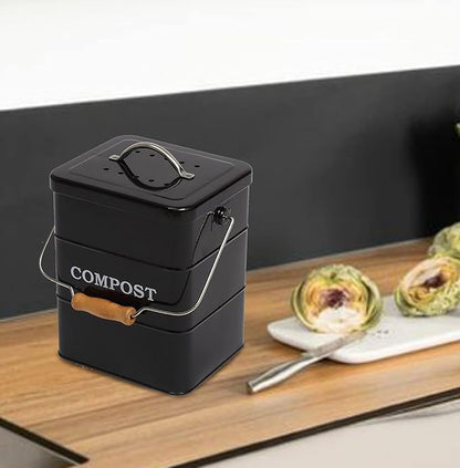 Compost Bin Kitchen Countertop Indoor Compost Pail Bucket, Great for Food Scraps, Carbon Steel, Handles, Black, 1 Gallon - Includes Charcoal Filter