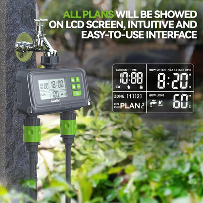 RAINPOINT 2 Zone Smart Water Timer for Garden Hoses - Lawn Sprinkler Timers with Up to 3 Preset Programs, Rain Delay Sensor, Smart Water Hose Timers, Drip Irrigation Timer for Garden Watering System