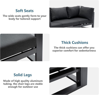 6 Pieces Outdoor Modular Sectional Set Aluminum Patio Conversation Sofa Sets with Armless Sofas, Square Coffee Table, Dark Grey Cushions