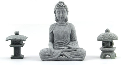 Buddha Statue and 2 Japanese Lantern Pagoda Statues - Zen Garden Accessories for Home and Mini Meditation Decor