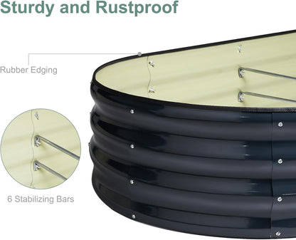 2Pcs Galvanized Steel Raised Garden Bed 8x2ft Oval - 17" Tall 9-in-1 Modular Planter Box for Vegetables/Flowers, Rust-Proof Metal Outdoor Planters Rubber Edging (Grey)