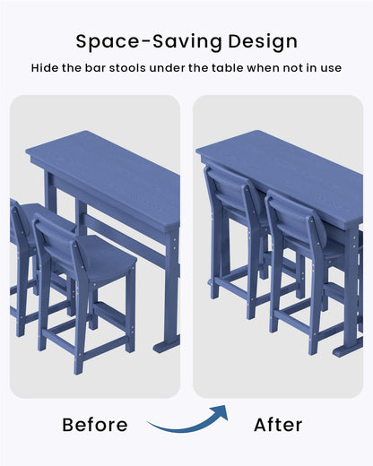 3-Piece Outdoor Patio Bar Table and Chairs Set, All-Weather HDPE High Top Table with 2 Armless Bar Stools, HDPE Bar Furniture Set for Outside, Poolside, Backyard, Garden (Navy Blue)