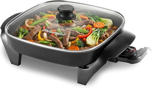 Elite Gourmet 12"x12"x2.15” Ceralast™ PFAS Free Ceramic Electric Skillet, Dishwasher Safe, Rapid Heat Up, 1200W, Dark Grey