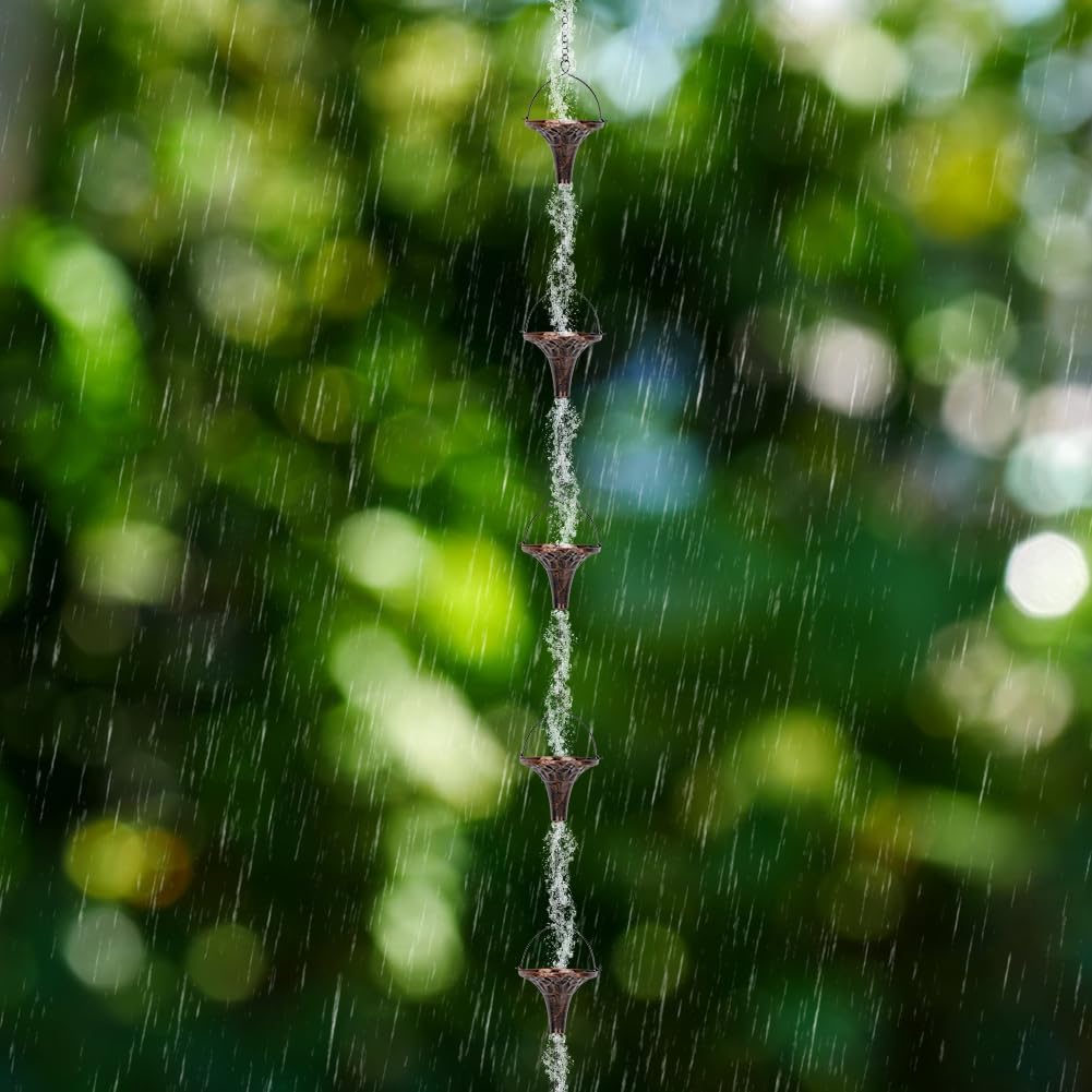 9.7ft Outdoor Rain Chain with 10 Funnel Shaped Cups Adjustable Rain Chain for Gutters, Eaves, Drains, Replacement Downspouts