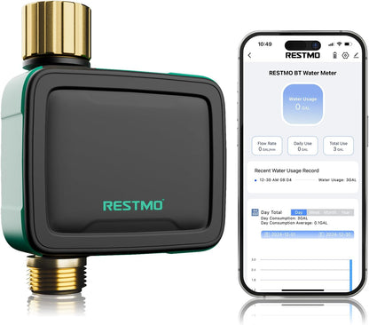 RESTMO Smart Sprinkler Timer with Flow Meter, Water Timer for Garden Hose, Brass Inlet & Outlet, Automatic Lawn & Yard Irrigation Watering System, APP Control (Bluetooth Connection, Not Include Hub)