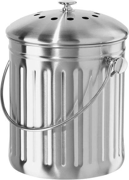 OGGI Countertop Compost Bin with Lid-1 Gallon Indoor Compost Bin w/Charcoal Filter, Stainless Steel Compost Container, Ideal Kitchen Compost Pail, Eco Friendly Products