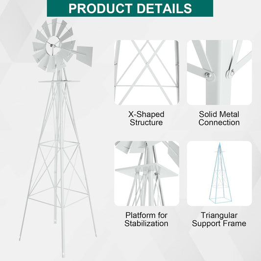 8FT Windmill for Yard Garden Decoration with Weather Vanes，Heavy Duty Outdoor Wind Mills, Large Metal Outdoor Windmill,Weather Resistant,White