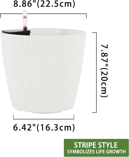 Dexceder 9x8 Self Watering Planters Indoor, Inner Mat Design, Table Flower Plant Pot with Water Level Indicator (2 Pack, White)