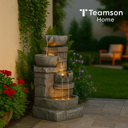 Teamson Home 33" Outdoor Water Fountain with LED Lights, 3-Tier Cascading Bowls, Weather-Resistant Resin Garden Water Feature for Patio, Lawn, and Backyard Decor – Stone Gray