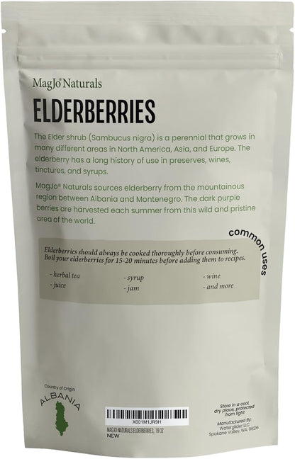 MagJo 100% Wild Harvest Dried Elderberries - 1lb Bulk - Non-Irradiated, Whole Black Elderberry Immune Support - Raw Vegan Sambucus 1 Pound