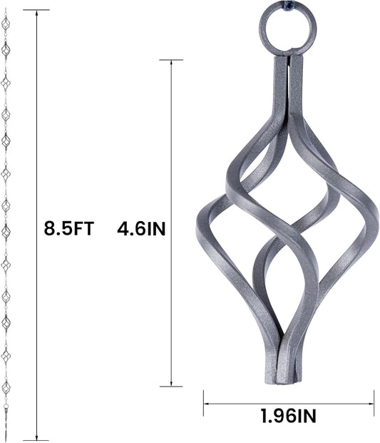 Rain Chain Bird Cage Set 8.5Ft, Wrought Iron Rain Chains for Gutters with Adapter Gotta Drain and Anchoring Stake,13 Birdcage, 1 Hook, Not Rust,Adjustable Length for Garden (Blue Gray)