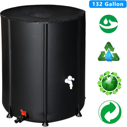 132 Gallon Collapsible Rain Barrel, Portable Rainwater Collection System, Rain Catcher Barrel, Water Storage Tank with Two Spigots and Overflow Kit, Rain Water Barrel Collector for Garden, Black