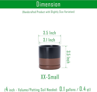 D'vine Dev Set of 2 Plants Pots, 3.5 Inch Ceramic Planter Pot for Plants with Drainage Hole and Saucer, Black/Speckled Tan, 94-V-A-7