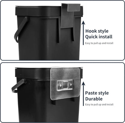 Domiella 2 Pack 1.3 + 0.8Gal Hanging Small Trash Can with Lid, Kitchen Compost Bin for Counter Top Under Sink, Sealed Food Waste Bin, Mountable Indoor Compost Bucket for Cupboard/Bathroom (Black)