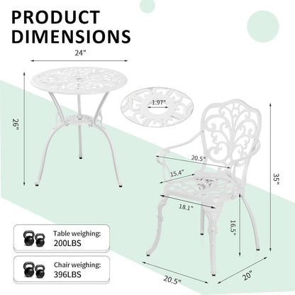 Outdoor 3 Piece Patio Set,Cast Aluminum Bistro Table and Chairs Set of 2 with Umbrella Hole, AIl-Weather Resistance Patio Bistro Set for Yard, Garden, Balcony, Black(White)