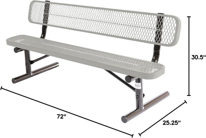 Heavy-Duty Portable Outdoor Bench Thermoplastic Coated, Expanded Metal, Commercial-Grade Seating, Made in America (Portable with Back, 6 Ft, Textured Grey)