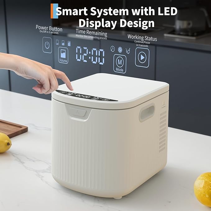 2.5L Kitchen Composting Bins, 3 Modes Smart Composter Bin, Auto-Clean, Converts Food Waste to Dry Fertilizer, LED Display & Quiet Operation