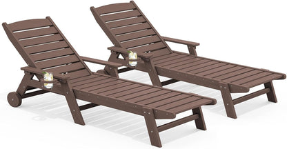 SERWALL Patio Chaise Lounge Chair Set of 2, 78'' Long 5-Positions Adjustable HDPE Outdoor Lounge Chair for Pool, Poly Lounge Chair with Rolling Wheels & Cup Holder for Poolside, Deck, Coffee Brown