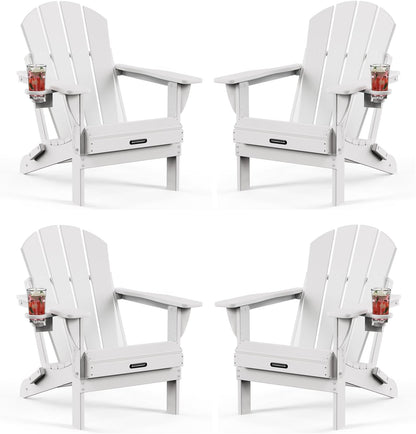 MUCHENGHY Folding Adirondack Chairs 4 Pack, Patio Chairs, Lawn Chairs, Outdoor Chairs, Adirondack Chair Plastic, Fire Pit Chairs, Weather Resistant with Cup Holder for Deck, Backyard, Garden(White)