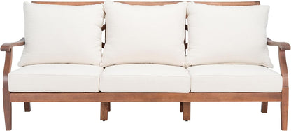 SAFAVIEH Couture Home Collection Payden Natural Wood/Beige Cushion 3-Seat Outdoor Patio Sunroom Porch Backyard Veranda Sofa