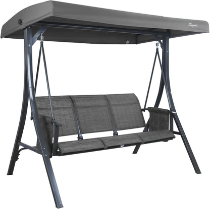 Kozyard Brenda 3-Seat Patio Swing Chair, Outdoor Porch Swing Glider with Adjustable Canopy, Side Pouches, Breathable Seat and Back, for Garden, Poolside, Backyard (Gray)