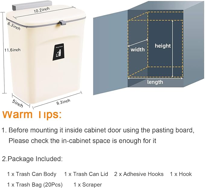 Tiyafuro 2.4 Gallon Kitchen Compost Bin for Counter Top or Under Sink, Hanging Small Trash Can with Lid for Cupboard/Bathroom/Bedroom/Office/Camping, Mountable Indoor Compost Bucket, Beige