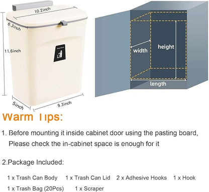 Tiyafuro 2.4 Gallon Kitchen Compost Bin for Counter Top or Under Sink, Hanging Small Trash Can with Lid for Cupboard/Bathroom/Bedroom/Office/Camping, Mountable Indoor Compost Bucket, Beige