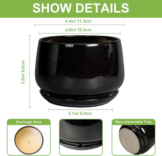 G EPGardening Small Ceramic Planter - 4 Inch Succulent Pots with Drainage Hole & Sacuer, Flower Pots for Indoor Outdoor Plants, Modern Decorative Round Planter, Room Decor, House Warming Gifts, Black