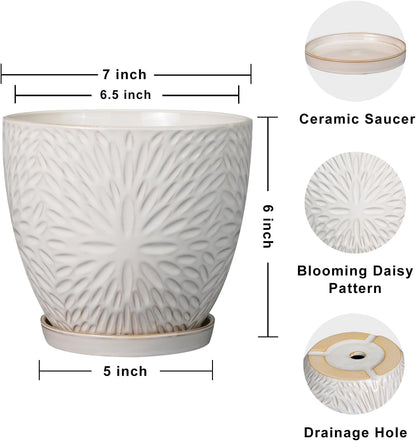 G EPGardening 7 Inch Plant Pot for Indoor Plants Outdoor Round Ceramic Planter Decorative Flower Pot with Drainage Hole and Saucer White