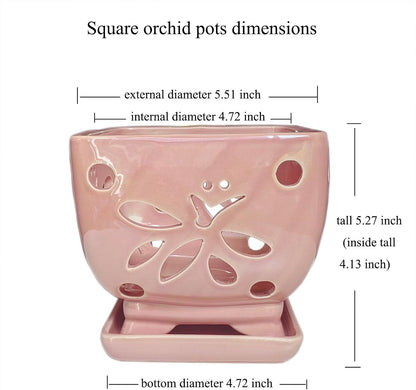 Orchid Pots with Holes Square Ceramic Orchid Planter Pots 5.5 inch (Pink)