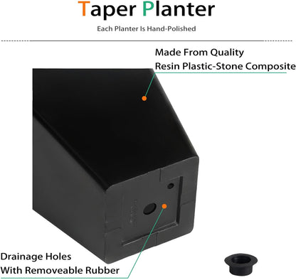 Resin Planter Outdoor Indoor, Taper Plant Pots for Flowers (Black, 12.2 inch - 2 Pack)