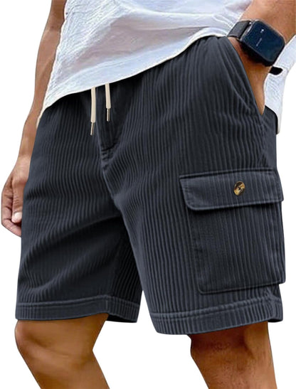 Mens Cargo Shorts Casual Drawstring Elastic Waist Corduroy Summer Beach Shorts with Pockets
