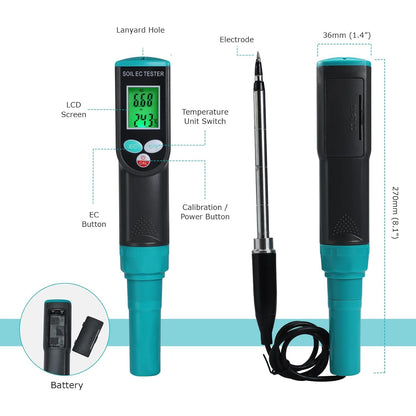 Digital Soil EC Meter, 2-in-1 EC and Temperature Meter with Corded EC Sensor Electrode, Backlight LCD Display, ATC Function 0~50℃, Portable Plant EC Meter for Gardening, Farming and Outdoor Plants