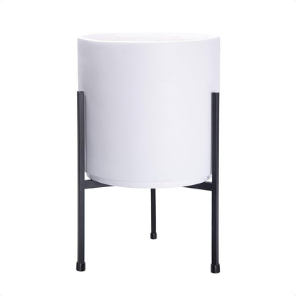 D'vine Dev Modern White Plants Pot Cylinder Planter with Heavy Duty Stand, Medium 10 Inch Pot, 16.3 Inch with Stand Height, 96-T-A-2