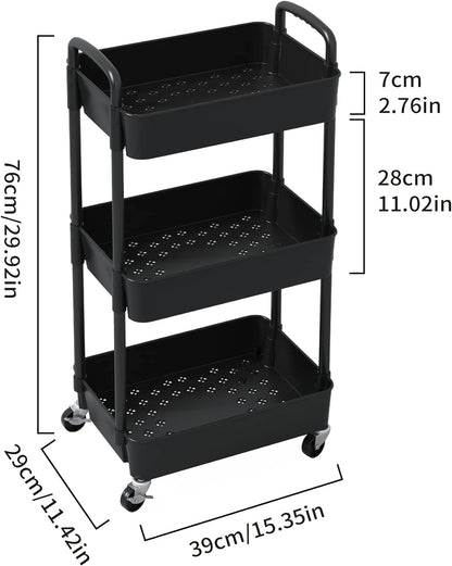 Sywhitta 3-Tier Plastic Rolling Utility Cart with Handle, Multi-Functional Storage Trolley for Office, Living Room, Kitchen, Movable Storage Organizer with Wheels, Black