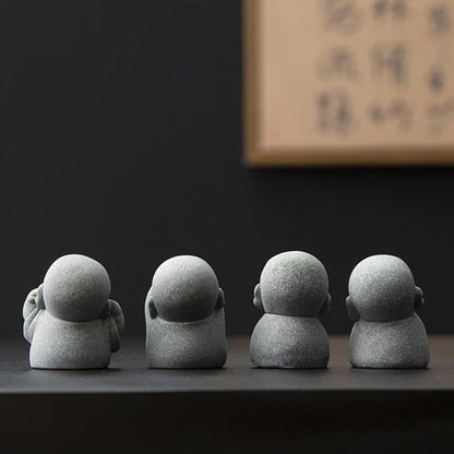Laughing Buddha Statue Decor - 4Pcs Small Zen Monk Sandstone Buddha Sculpture for Wealth Good Luck Feng Shui Decor, Cute Zen Decoration for Home Office Desk Indoor and Outdoor(Gray)