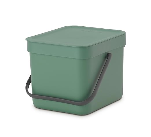 Brabantia Sort & Go Kitchen Countertop Food Scraps Compost Bin | XS / 1.6 Gal / 6L | Fir Green | Removable Stay-Open Lid, Carry Handle, Easy-Clean Recycling Box | Wall-Mounting Bracket Included
