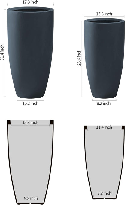 Kante 31.4" and 23.6" H Charcoal Finish Concrete Tall Planters Large Outdoor Indoor Decorative Plant Pots with Drainage Hole and Rubber Plug, Modern Tapered Style for Home and Garden