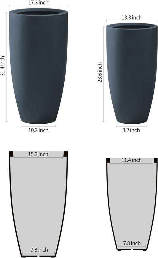 Kante 31.4" and 23.6" H Charcoal Finish Concrete Tall Planters Large Outdoor Indoor Decorative Plant Pots with Drainage Hole and Rubber Plug, Modern Tapered Style for Home and Garden
